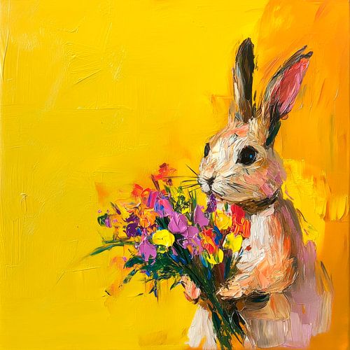 Konijntje met bloemen tegen een gele achtergrond