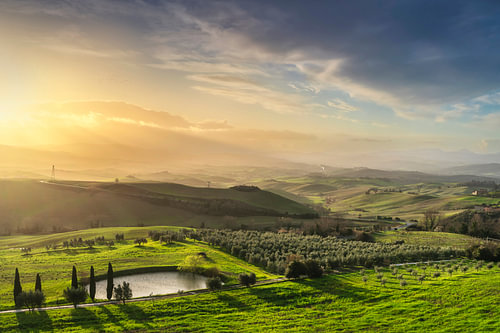Volterra Tuscan Rolling Hills Landscape at Golden Sunrise, Italy
