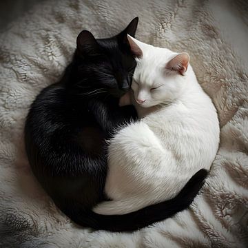 Yin Yang cats curled up asleep by Jan Bechtum