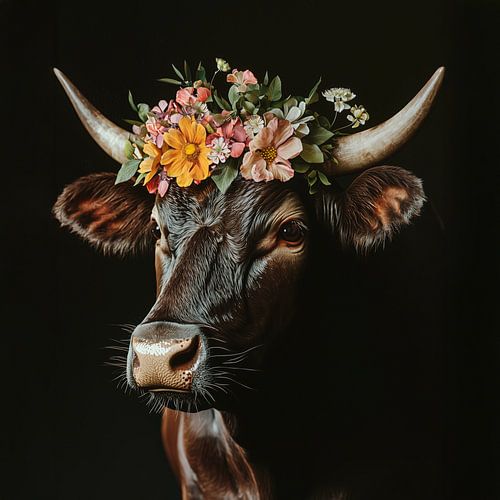 Cow with floral crown and character - a modern interpretation