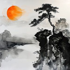 Zen-Landschaft mit Kiefer und Sonne