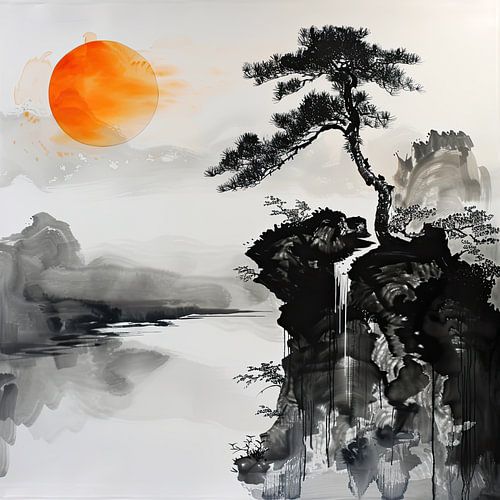 Zen landschap met pijnboom en zon 