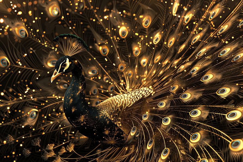 Nahaufnahme eines Pfaus mit einer Explosion von goldenen Federn von Richards Fine Art