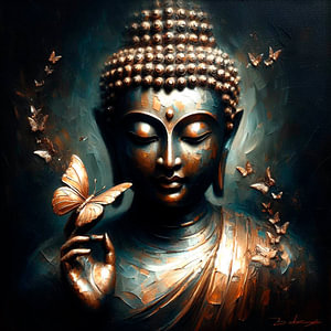 Buddha mit bronzefarbenen Schmetterlingen.