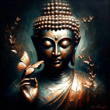 Bouddha avec papillons de couleur bronze. sur Ineke de Rijk