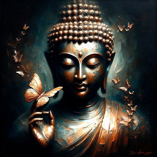 Bouddha avec papillons de couleur bronze.