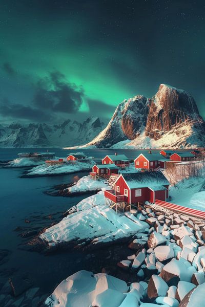 Northern lights over red huts by Poster Art Shop