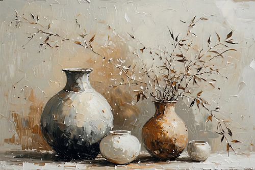 Poterie japandi wabi-sabi avec des branches en fleurs. sur J.a Dijkstra