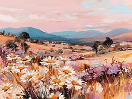 Paysage de prairie aux fleurs sauvages aux couleurs pastel