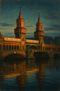 Oberbaumbrücke bij zonsondergang: Twin Towers over de Spree