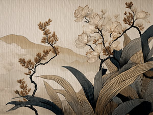 Japandi Botanisch. Berglandschaft mit blühendem Zweig in neutralen Farbtönen
