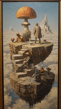 Schwebende Stadt über den Wolken – Surreales Vintage-Ölgemälde von Aden Pink Studio