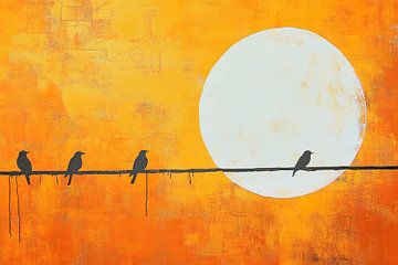 Vogels in de avond onder de grote zon van Poster Art Shop