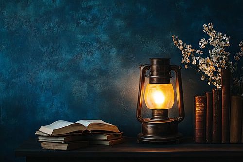 Lampe vintage chaleureuse et livres