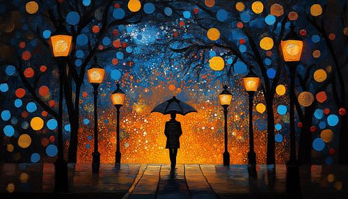 Illuminated forest walking man panorama