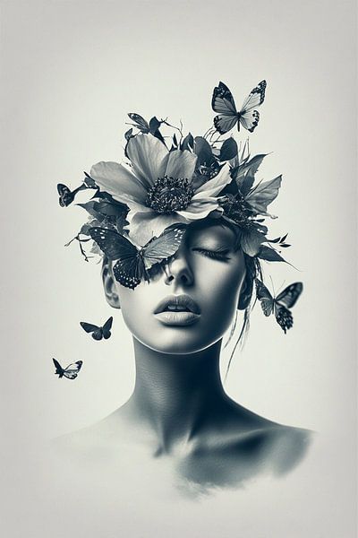 Zwart-wit portret van vrouw met bloemen en vlinders van Marijke Trienekens