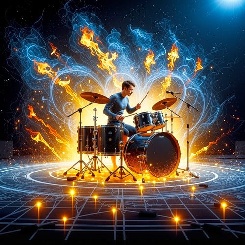 Drummer in vurige achtergrond van Digital Art Nederland