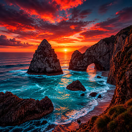Fantasy Wall Art & Poster: CAELVOR – The Mighty Coastal Landscape in the Burning Sunlight by INFERAURUM - Dark Fantasy Wall Art & Poster