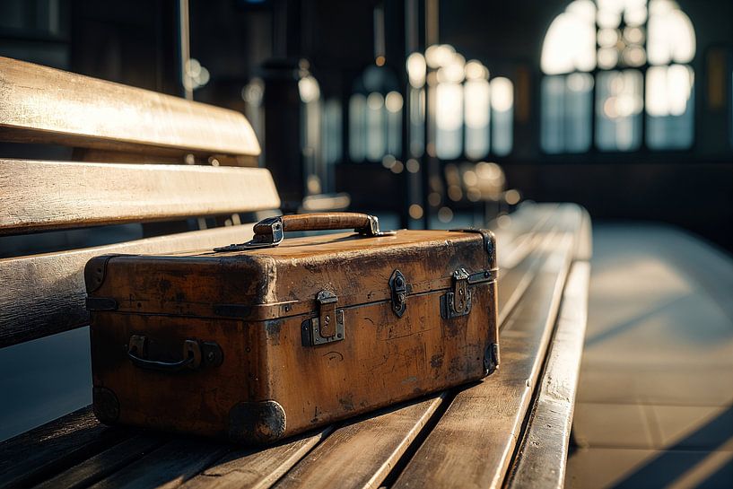 Old leather suitcase on sofa by Art & Soul Creations