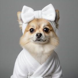 Adorable petit chien poméranien en peignoir sur Costas Ganasos