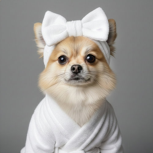 Süßer Pomeranian mit Bademantel