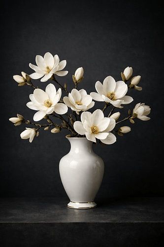 Magnolia in Porcelain — White on Black