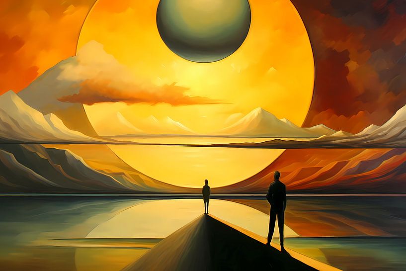 Deux figures sur fond de coucher de soleil cosmique par Art & Soul Creations