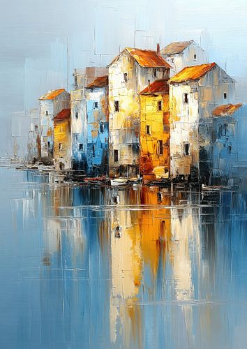 Houses by the water - Abstract oil painting