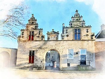 Aquarell mit Blick auf den Noordhavenpoort in Zierikzee, Schouwen-Duiveland, Zeeland