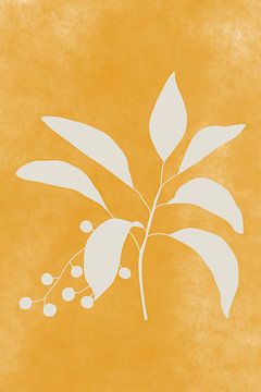 Modern botanical art. Plant with berries in  white on yellow by Dina Dankers