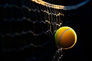 Tennisbal hangt in het net bij zonsondergang van Poster Art Shop