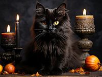 Cute Black Cat and Pumpkins