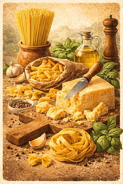 Rustic Italian Kitchen Decor – Pasta Olive Oil Still Life by Dodik Hariyono