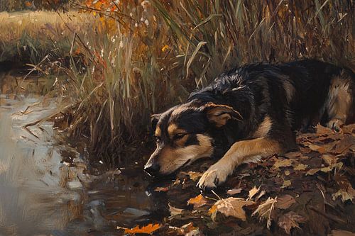 Hond rustend aan herfstige oever