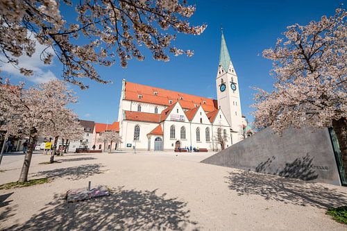 Amandelbloesem in de lente op het St. Mang plein en kerk