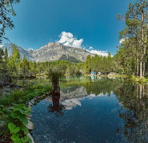 Een chalet spiegelt in de Petit Lac Bleu, Derborance, Conthey, Wallis - Valais, Zwitserland van Rene van der Meer