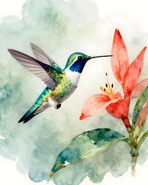A moment of stillness – a hummingbird on a red blossom by Kristin M
