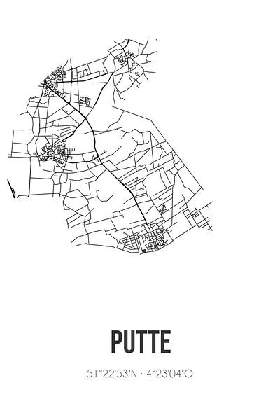 Putte (Noord-Brabant) | Karte | Schwarz und Weiß von Ortsdrucke