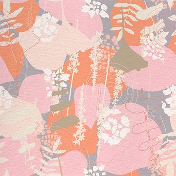 Blumen im Retro-Stil. Moderne abstrakte botanische Kunst in orange, rosa, grün, grau von Dina Dankers