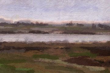 The Meuse near Venlo. Landscape in green, brown, blue and pink by Dina Dankers