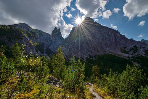 Wild mountain landscape backlit in Wimbachgries valley