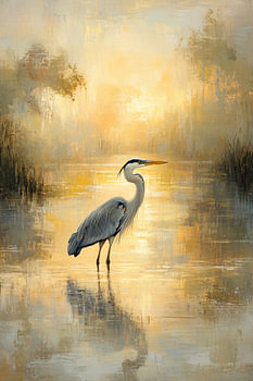 Heron at sunrise on water