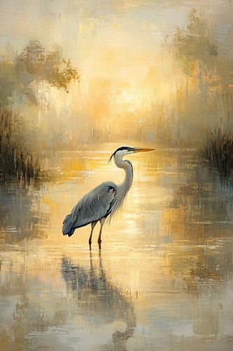 Reiger bij zonsopgang op water