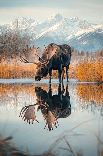 Elch im Morgennebel am See