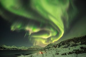 Haus in einem Fjord in Norwegen unter Polarlicht. von Marco Verstraaten