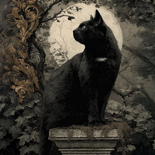 Zwarte kat voor de maan in het mystieke bos