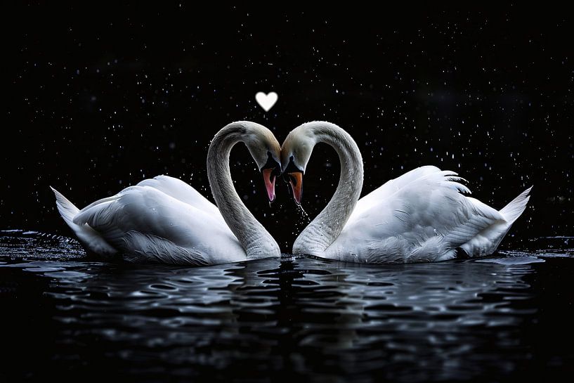 Twee zwanen vormen een hart in water van Art & Soul Creations