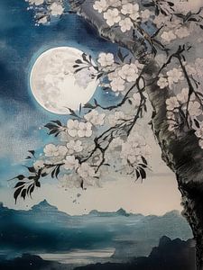 Mystische Japandi-Landschaft. Weißer Blütenbaum bei Vollmond