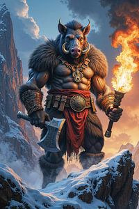 Fantasy Wall Art: WILD BOAR – A Warrior Stands with His Torch in the Mountains