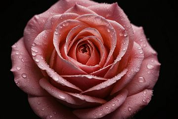 Rose rose avec gouttes de rosée sur fond noir sur De Muurdecoratie
